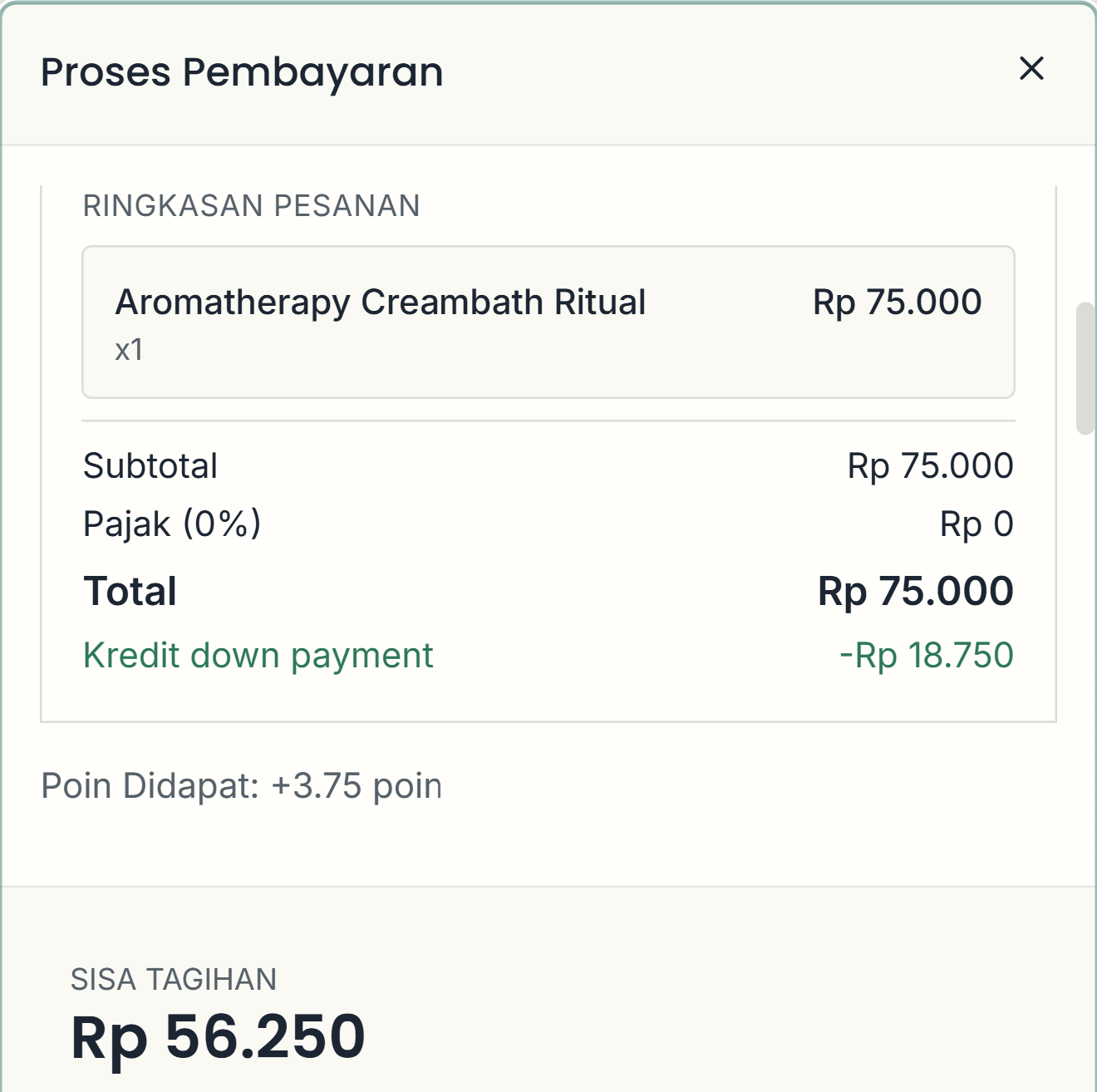 Tinjauan checkout contoh: total Rp75.000, kredit down payment Rp18.750, dan sisa tagihan Rp56.250. Pembayaran belum dikonfirmasi.