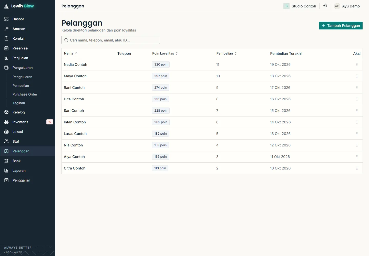 Full Lewih screen with application navigation. Lewih customer directory with 10 demo customers, loyalty points, purchase counts, and last-visit dates