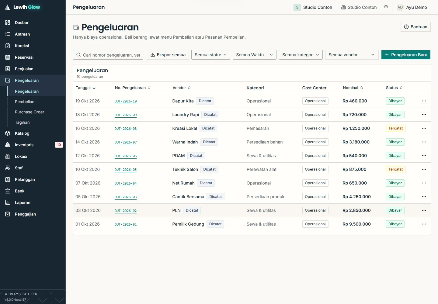 Full Lewih screen with application navigation. Lewih expense list with 10 demo records across rent, supplies, utilities, marketing, and operating costs