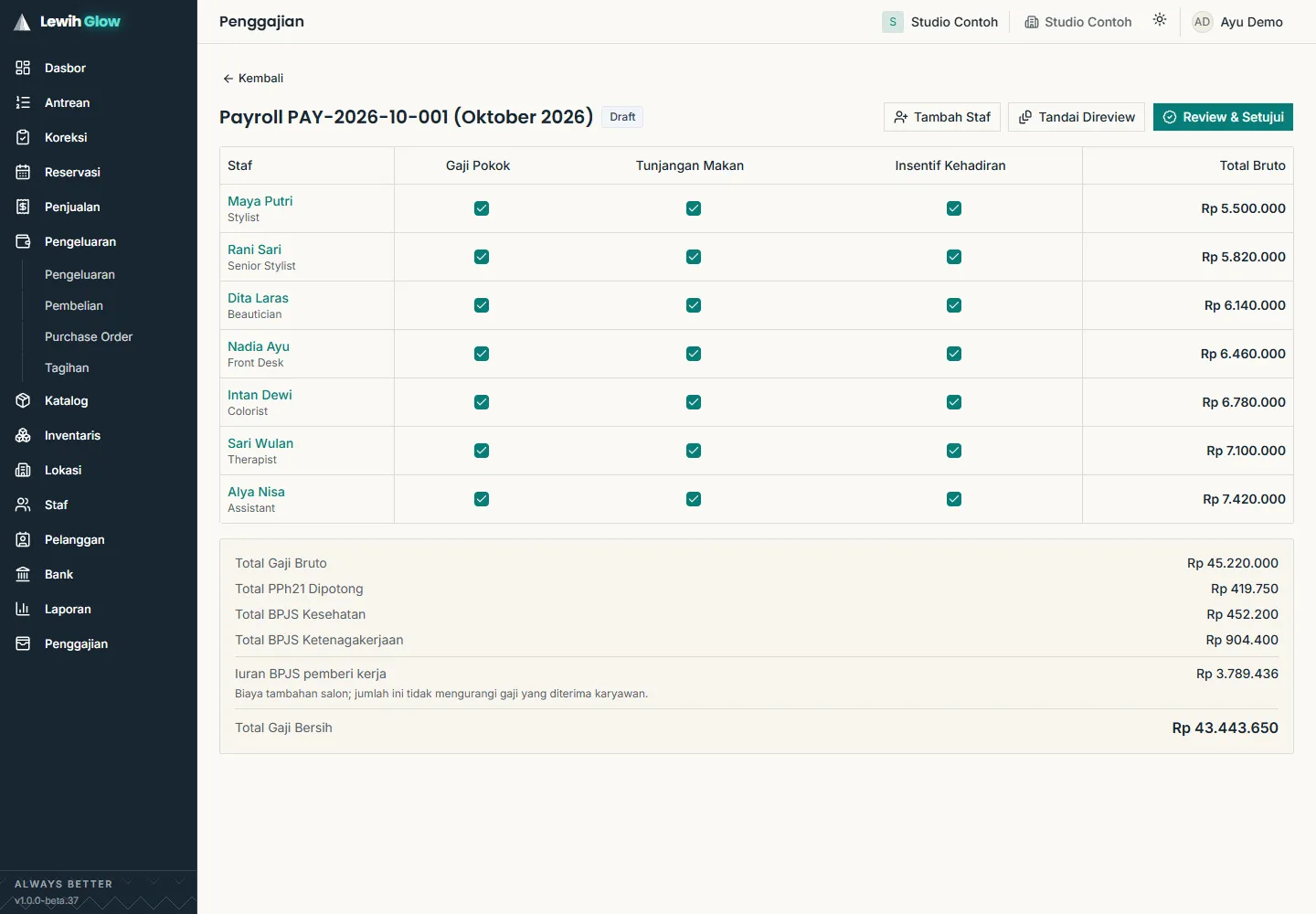 Full Lewih screen with application navigation. Lewih payroll detail for seven staff showing salary components, PPh21, BPJS Health, BPJS Employment, and net pay