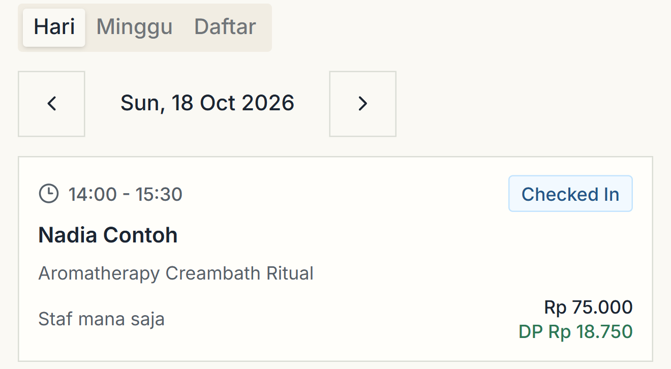 Reservasi Nadia Contoh pada tampilan harian, berstatus Checked In dengan layanan dan catatan DP. Data uji.