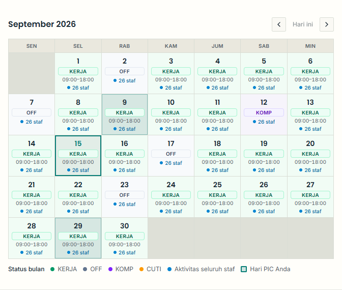 Kalender bulanan Staff Portal yang menampilkan jadwal kerja, hari OFF, dan kompensasi libur.