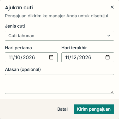 Form Staff Portal untuk memilih jenis cuti, rentang tanggal, dan mengirim pengajuan kepada manajer.