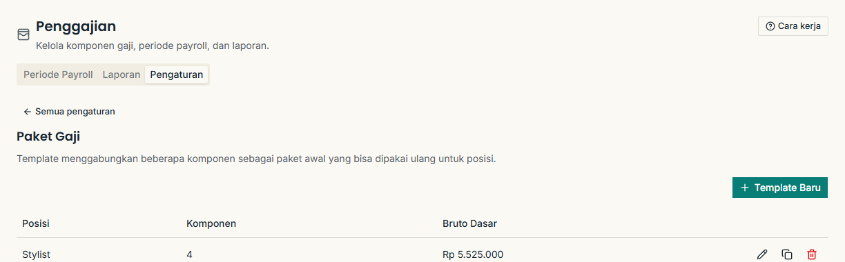 Template gaji demo untuk posisi Stylist dengan empat komponen dan estimasi bruto dasar.