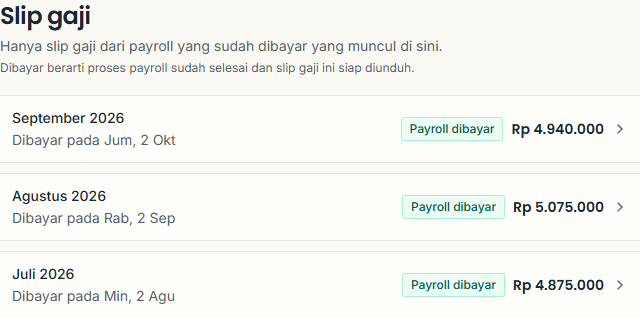 Daftar slip gaji demo di Staff Portal dengan periode, status payroll dibayar, dan jumlah bersih.