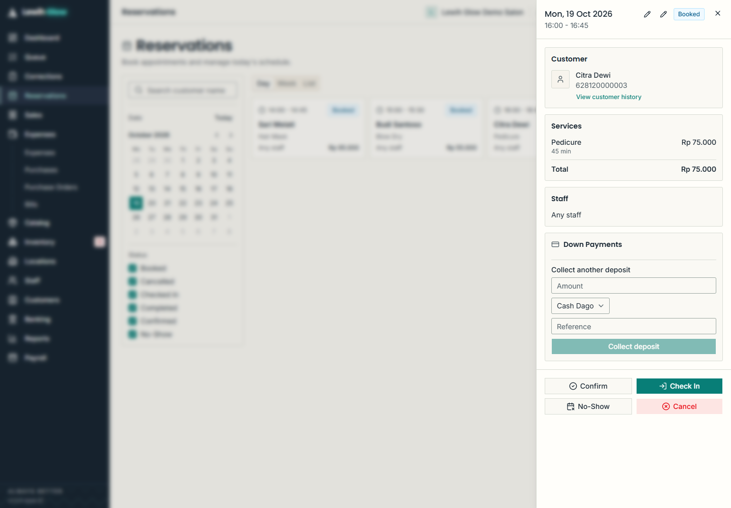 Lewih Reservations screen with full navigation; Citra Dewi at 4 pm for Pedicure at IDR 75,000, status Booked